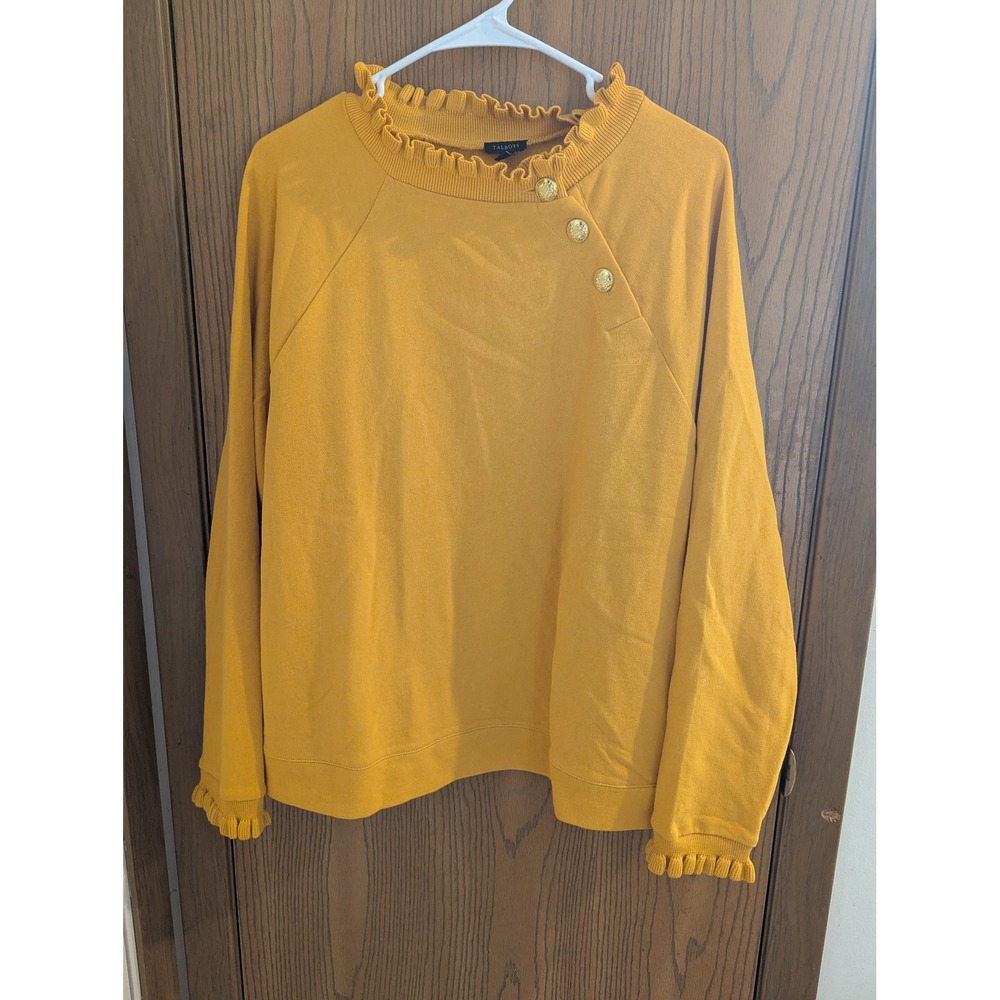 Talbots Ruffle Neck Accent Button Mustard Yellow Gold Sweatshirt Cotton XL